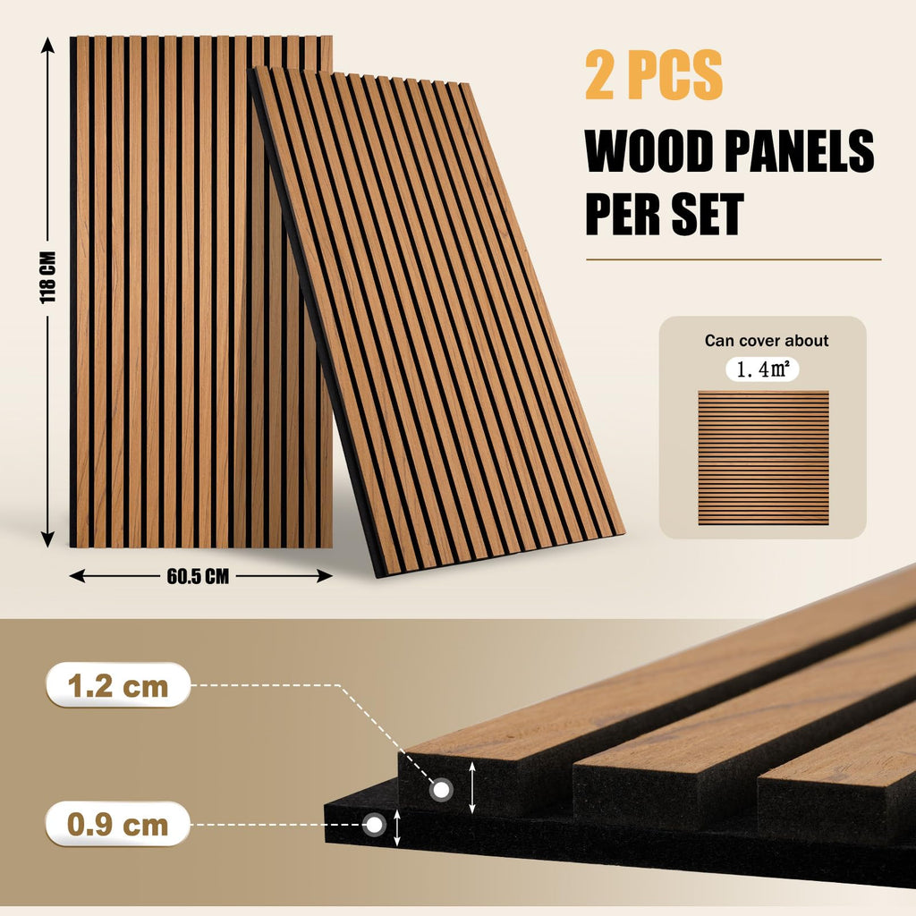 DOLLAR BOSS Wood Panels for Walls, Acoustic Wall Panels 120 x 60 cm, Pack of 2, Sound Proof Wood Panels, 3D Decorative Wall Panels, Slat Wall Panels