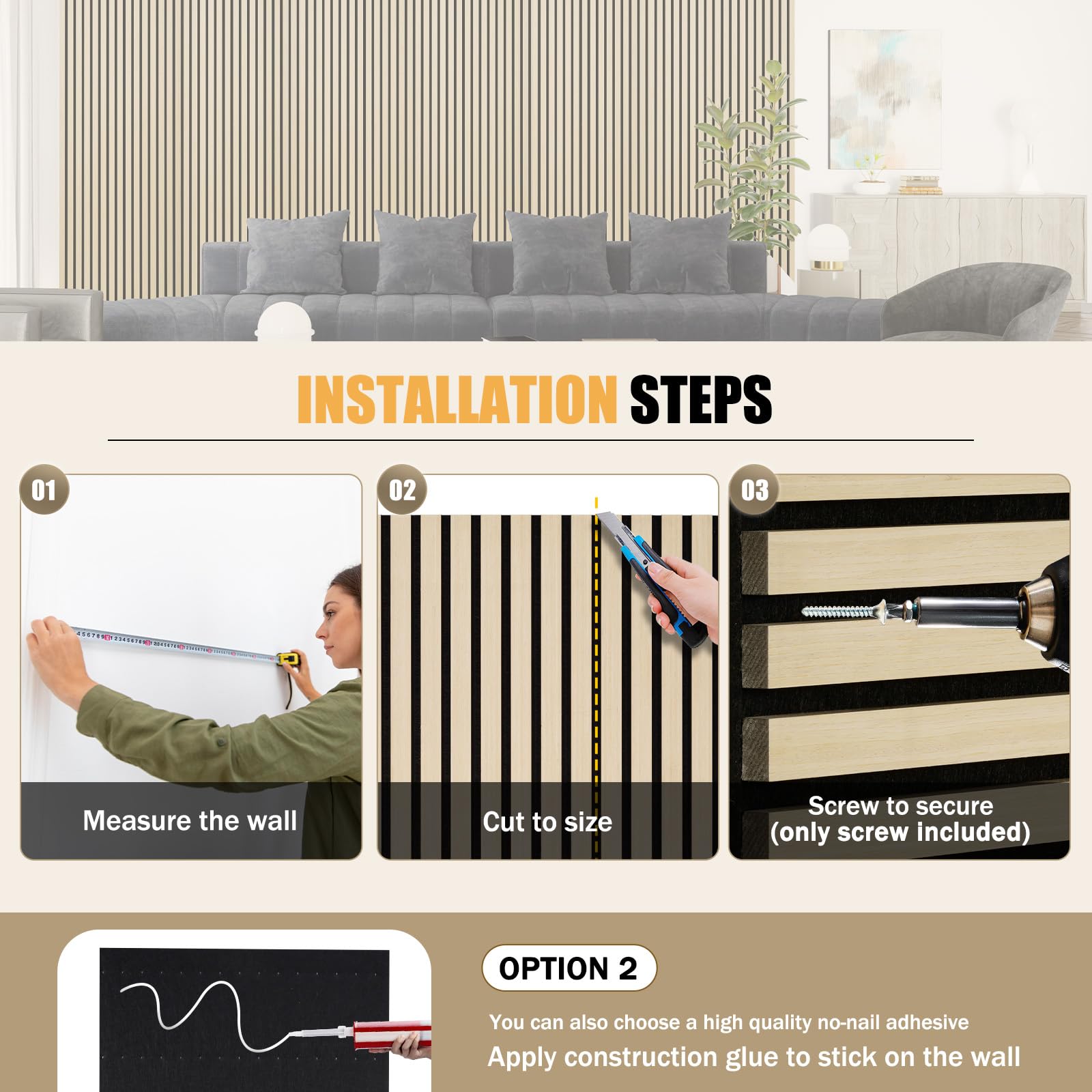 DOLLAR BOSS Wood Panels for Walls, Acoustic Wall Panels 120 x 60 cm, Pack of 2, Sound Proof Wood Panels, 3D Decorative Wall Panels, Slat Wall Panels