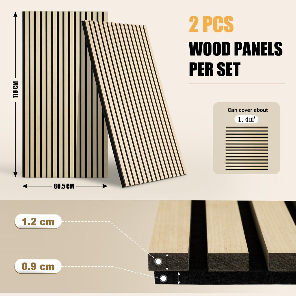 DOLLAR BOSS Wood Panels for Walls, Acoustic Wall Panels 120 x 60 cm, Pack of 2, Sound Proof Wood Panels, 3D Decorative Wall Panels, Slat Wall Panels