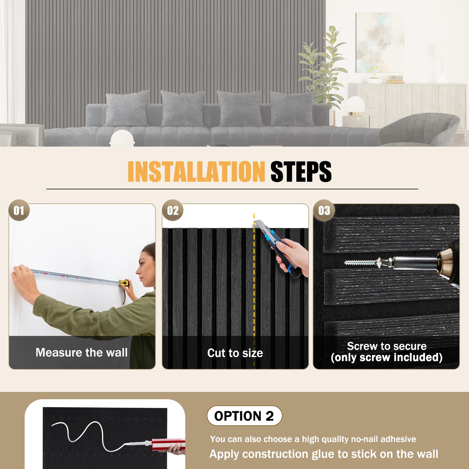DOLLAR BOSS Wood Panels for Walls, Acoustic Wall Panels 120 x 60 cm, Pack of 2, Sound Proof Wood Panels, 3D Decorative Wall Panels, Slat Wall Panels
