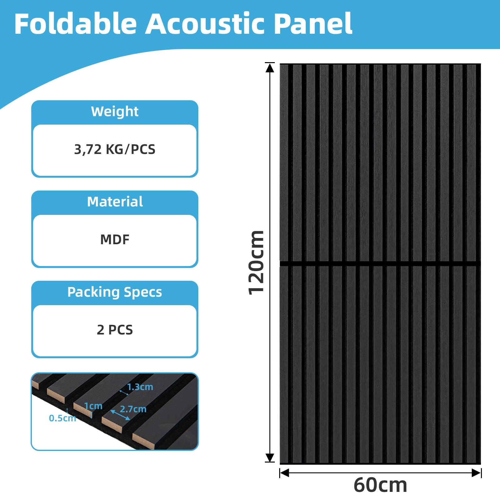 Art3d 3D Folding Acoustic Wall Panels, Soundproofing, 120 x 60 cm, Pack of 2, Felt Wall Cladding, Acoustic Felt Black 1.44 ㎡