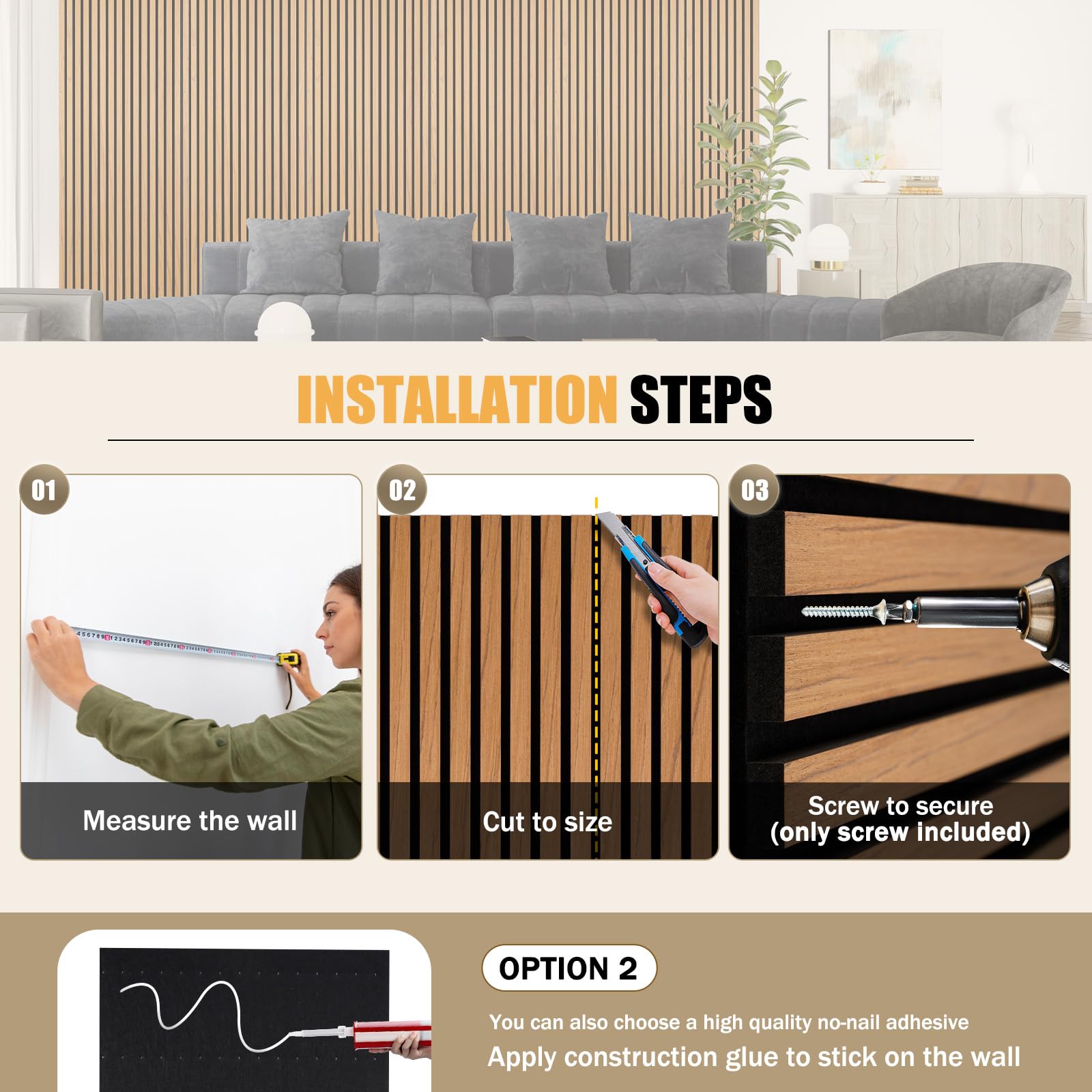 DOLLAR BOSS Wood Panels for Walls, Acoustic Wall Panels 120 x 60 cm, Pack of 2, Sound Proof Wood Panels, 3D Decorative Wall Panels, Slat Wall Panels