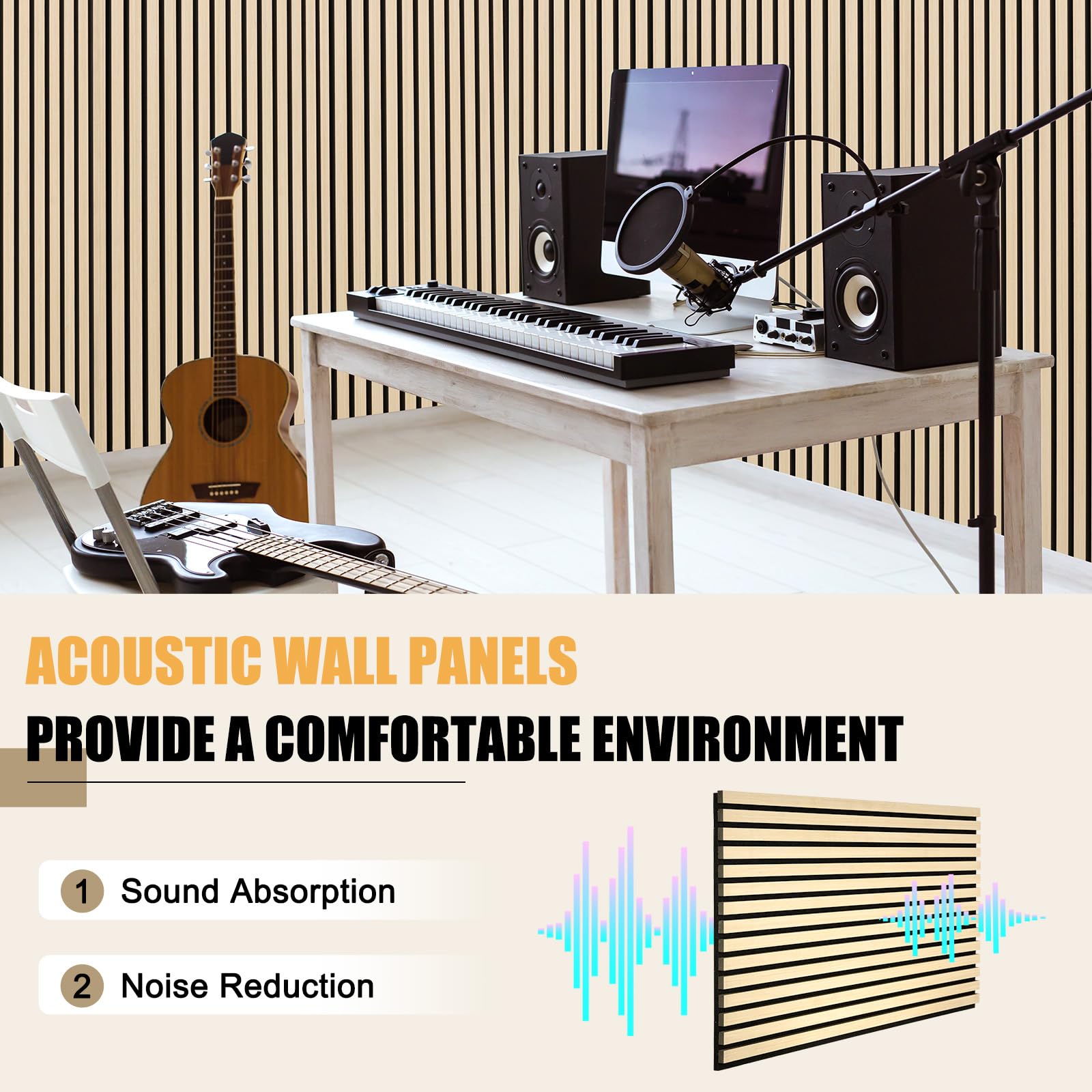 DOLLAR BOSS Wood Panels for Walls, Acoustic Wall Panels 120 x 60 cm, Pack of 2, Sound Proof Wood Panels, 3D Decorative Wall Panels, Slat Wall Panels