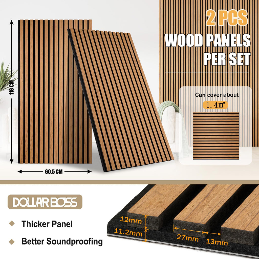DOLLAR BOSS Wood Panels for Walls, Acoustic Wall Panels 120 x 60 cm, Pack of 2, Sound Proof Wood Panels, 3D Decorative Wall Panels, Slat Wall Panels