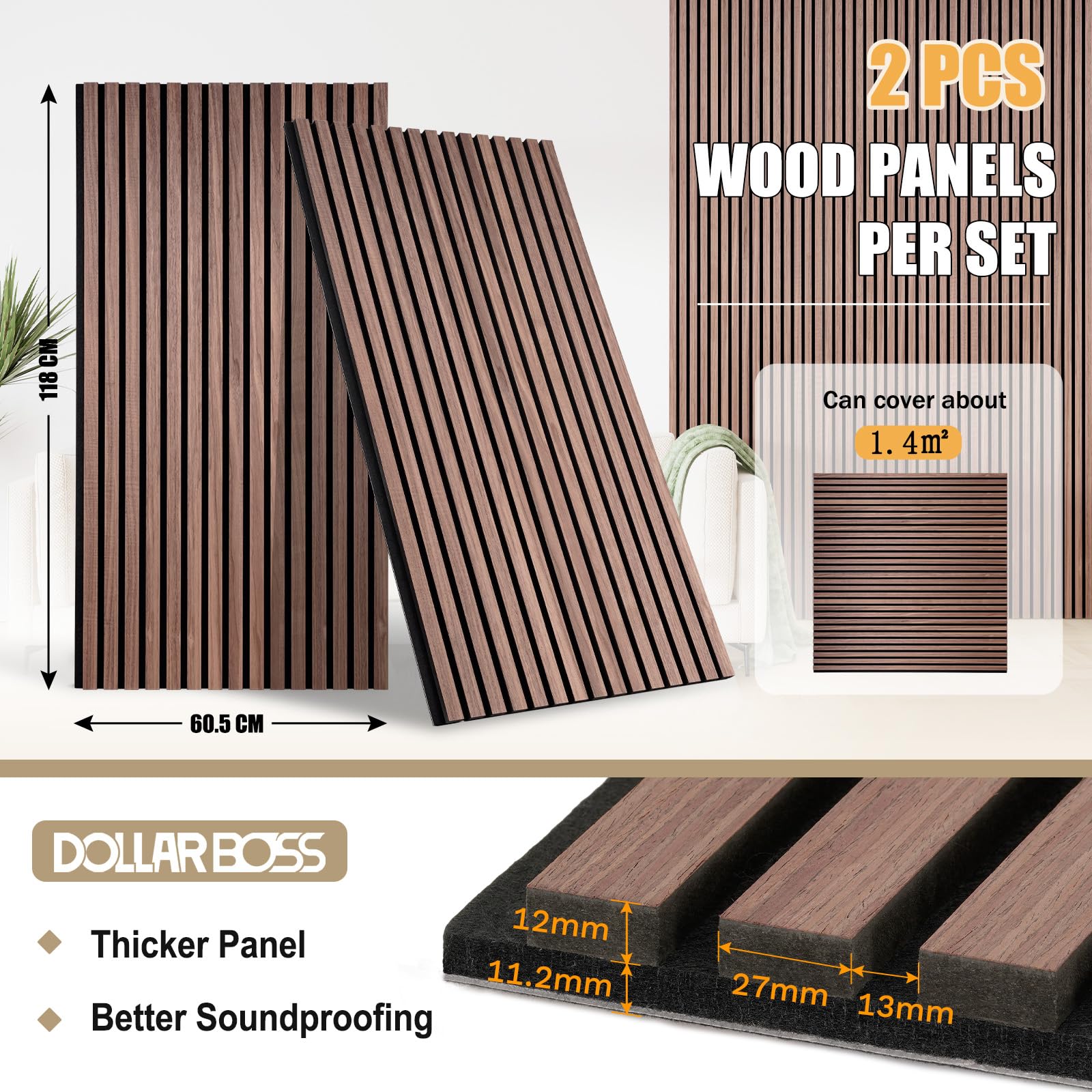 DOLLAR BOSS Wood Panels for Walls, Acoustic Wall Panels 120 x 60 cm, Pack of 2, Sound Proof Wood Panels, 3D Decorative Wall Panels, Slat Wall Panels